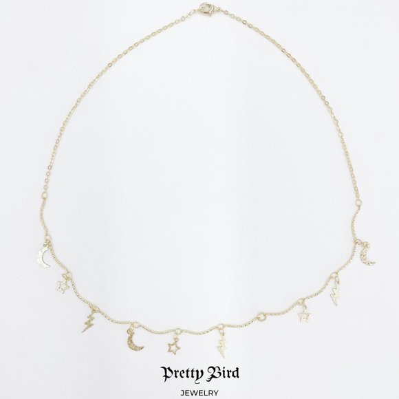 18K Yellow Gold Plated Hammered Celestial Charm Choker Necklace - 18" - Picture 4 of 4